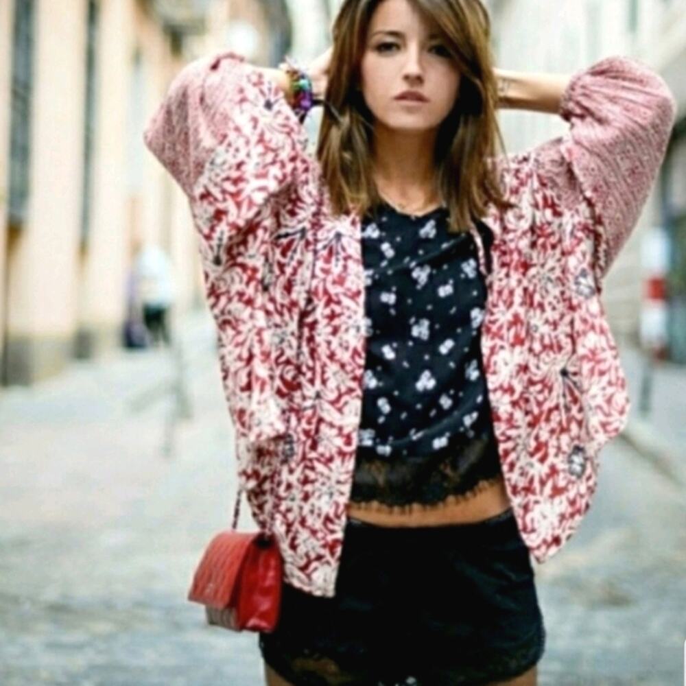 Free People floral boho bead tie oversized Kimono